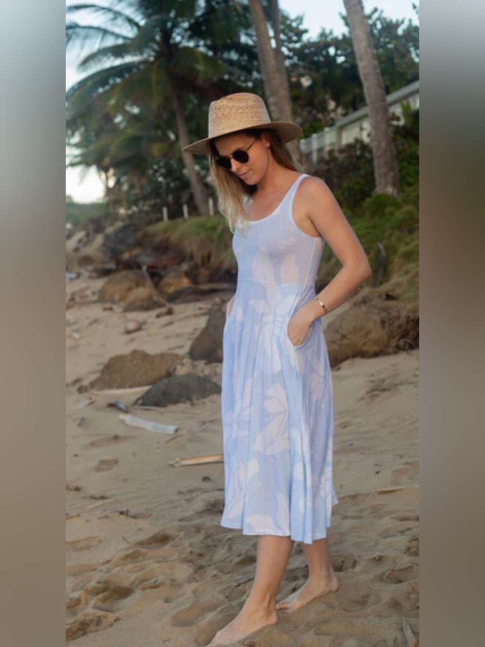 Happy Earth NWT Lily midi dress light blue/white floral print organic cotton -L - Picture 3 of 15